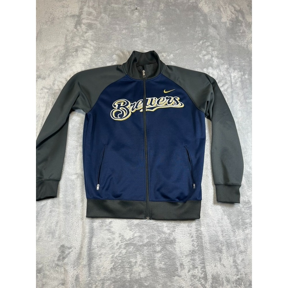 Milwaukee Brewers Jacket Mens Medium Blue Nike MLB Baseball Logo Full Zip
